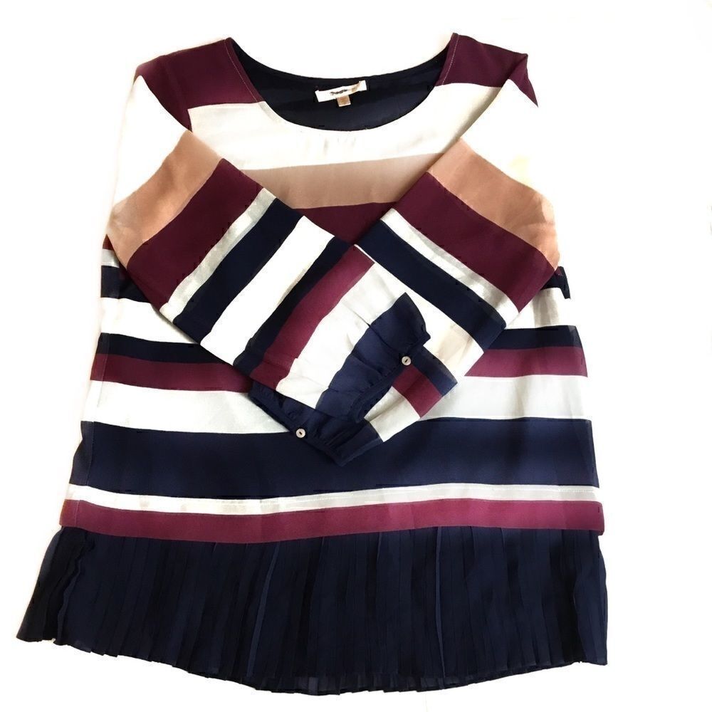 Skies are Blue Blouse Pleated Hem Ivory Blue Maroon Tan Striped Small